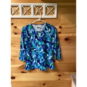 Juniper + Lime Womens PS Blue Green Abstract Textured 3/4 Sleeve Keyhole Top